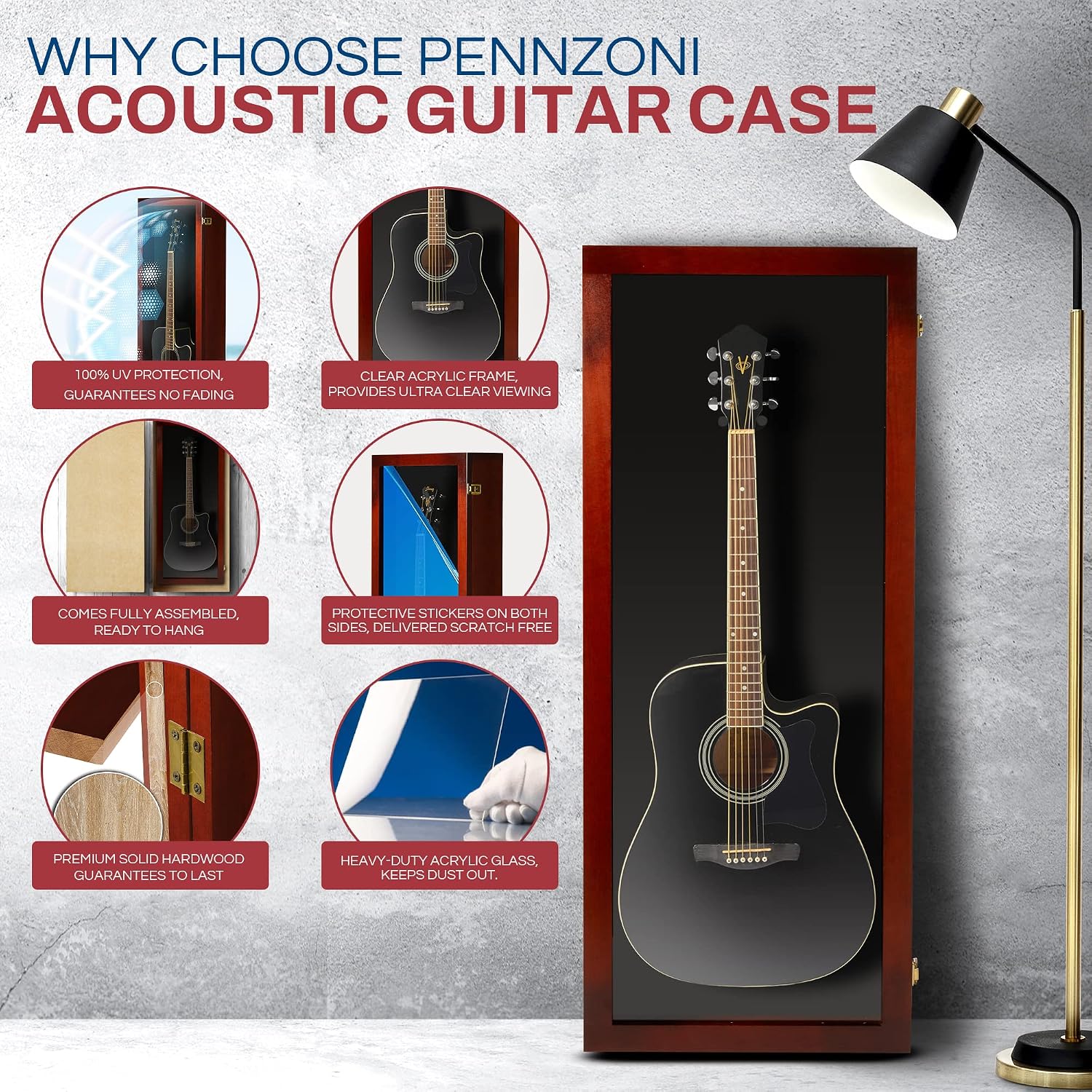 PENNZONI Acoustic Guitar Display Case - Acrylic Acoustic Guitar Case - Guitar Display Case Wall Mount Made from Hardwood Frame & Clear Acrylic - Cherry w/ Black Felt