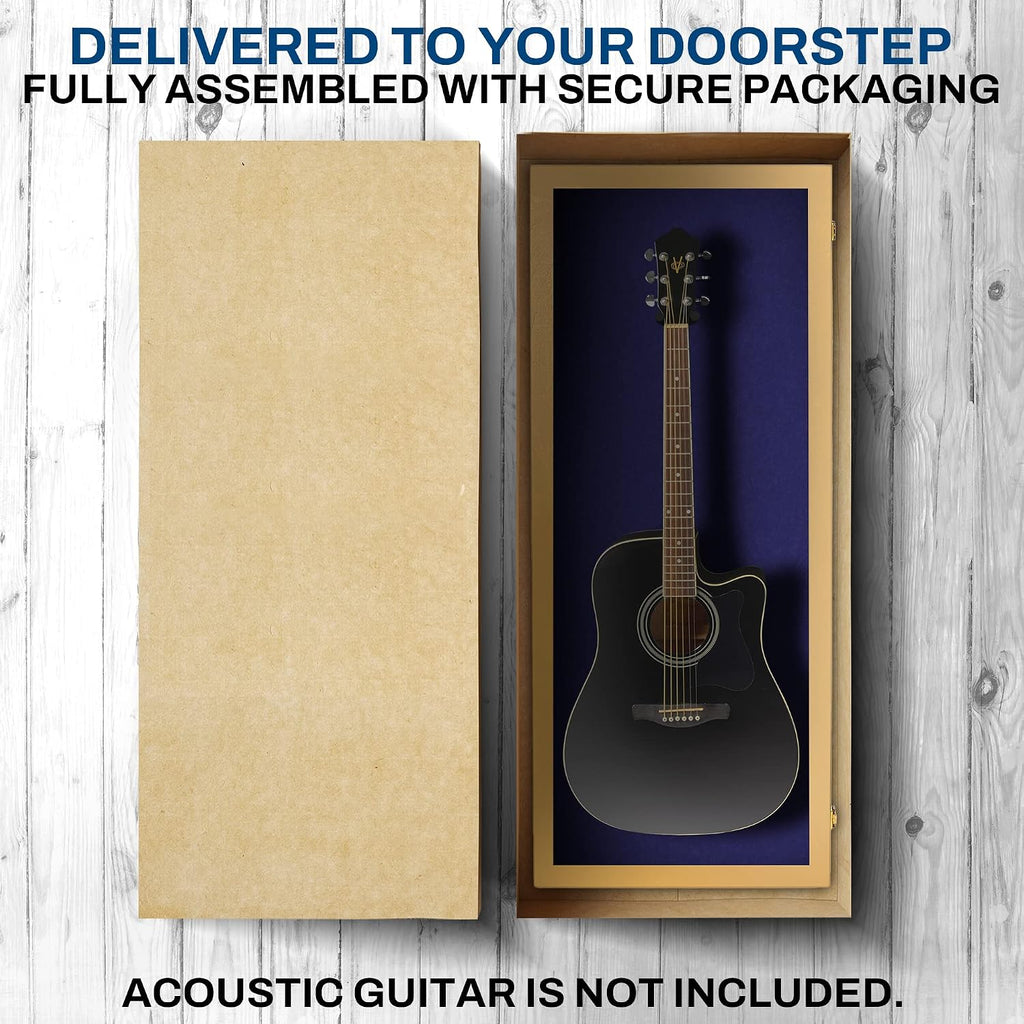 PENNZONI Acoustic Guitar Display Case - Acrylic Acoustic Guitar Case - Guitar Display Case Wall Mount Made from Hardwood Frame & Clear Acrylic - Golden Oak w/Felt Blue
