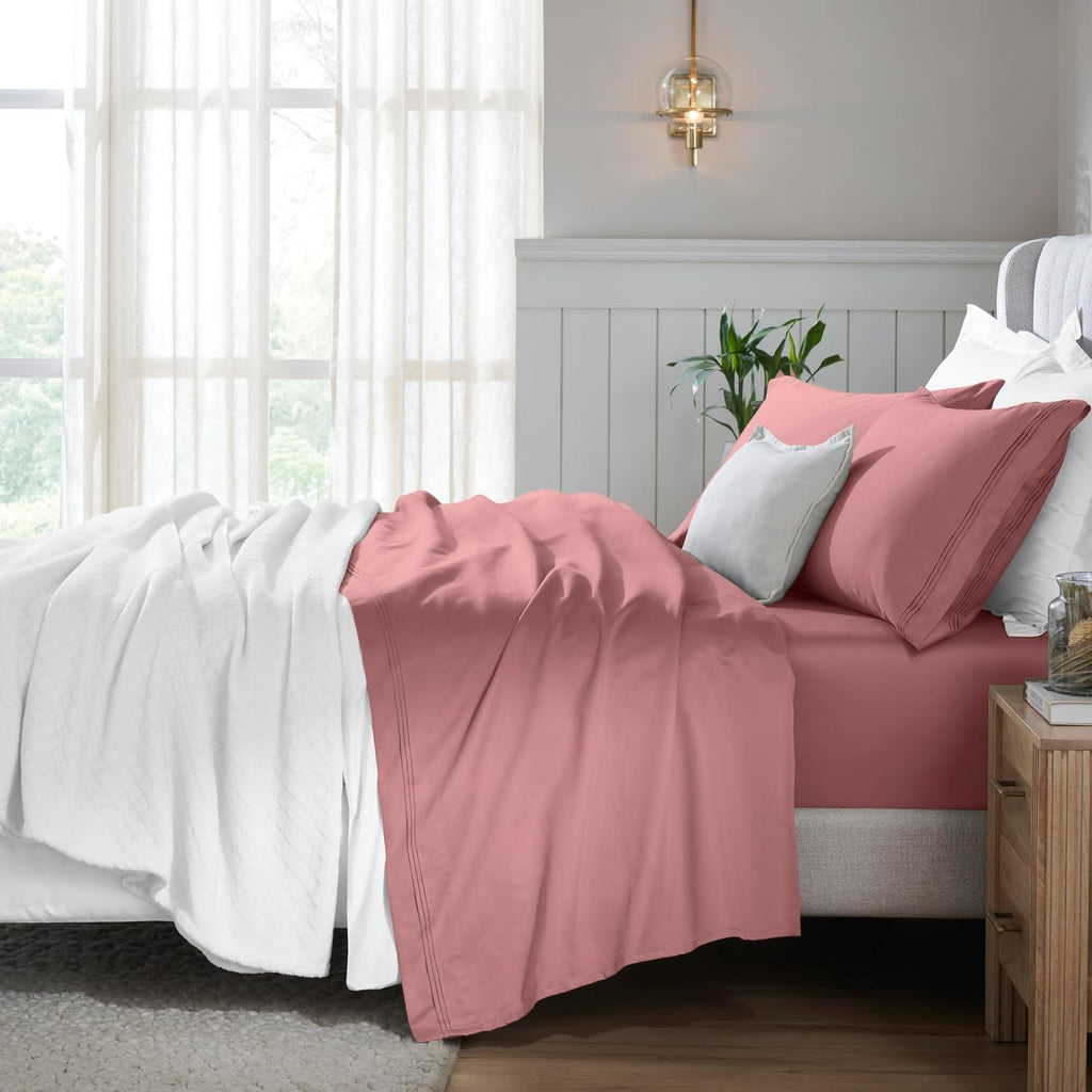 Superior Egyptian Cotton 4 Piece Sheet Set, 650 Thread Count, Eco-Friendly, Sustainable Sheets, Ultra-Soft Basics, Solid, Deep Pocket Fitted Sheet, Flat Sheet, Pillowcases, California King, Blush