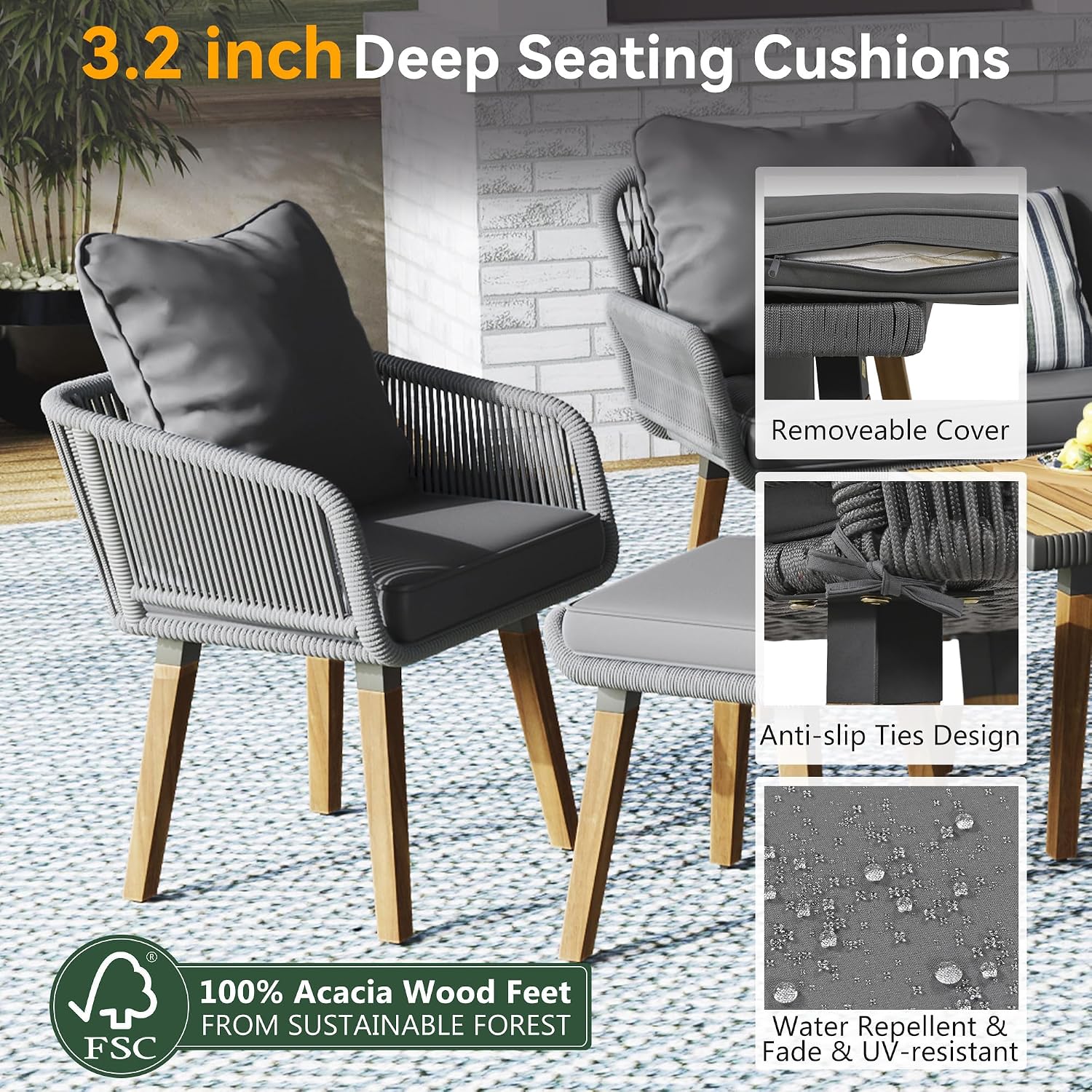 6-Piece Rope Patio Furniture Set, Outdoor Furniture with Acacia Wood Cool Bar Table with Ice Bucket, Deep Seat Patio Conversation Set with Two Stools for Backyard Porch Balcony (Grey-001)