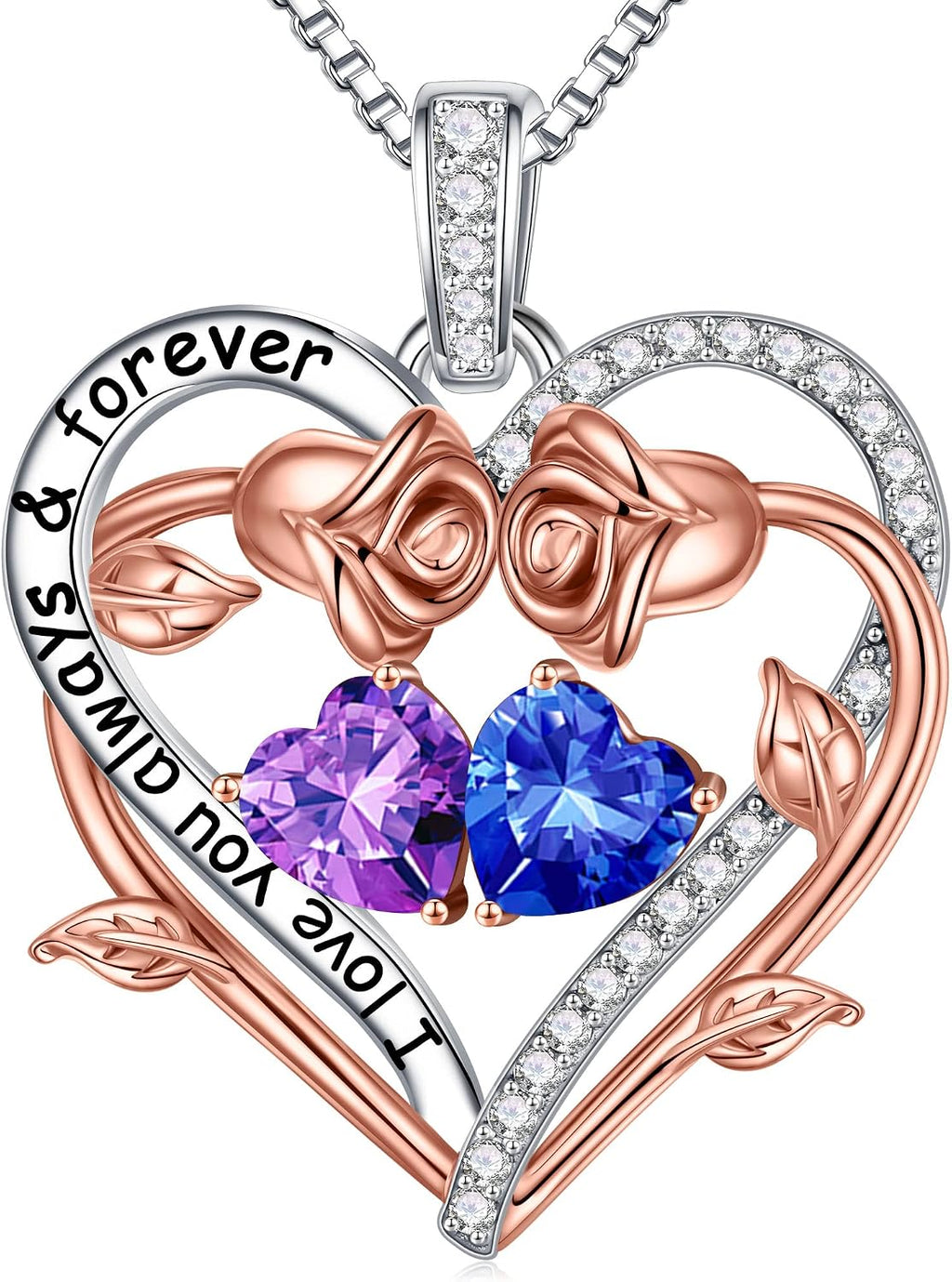 Iefil Rose Heart Double Birthstone Necklace Gifts for Wife Girlfriend Her Women, Birthstone Jewelry Gemstone Birthday Gifts for Mom Grandma Her Wife Women