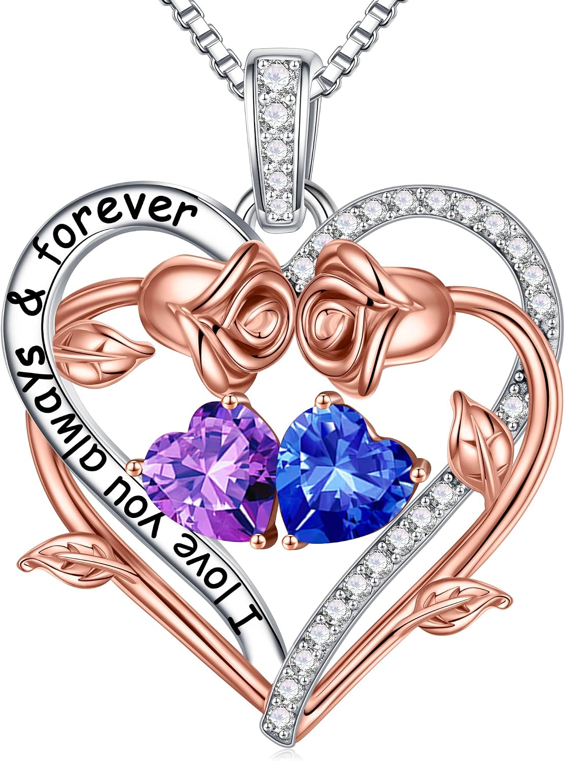 Iefil Rose Heart Double Birthstone Necklace Gifts for Wife Girlfriend Her Women, Birthstone Jewelry Gemstone Birthday Gifts for Mom Grandma Her Wife Women