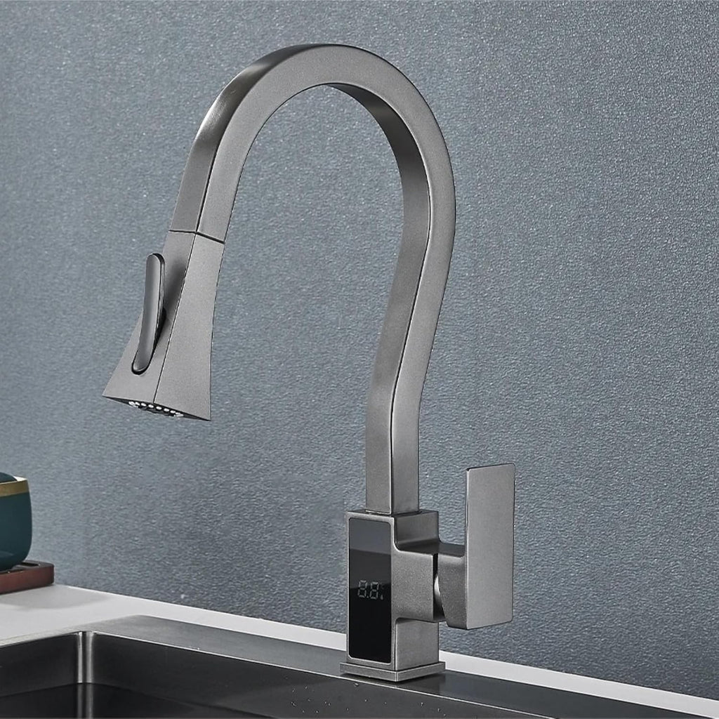 Smart Digital Display Kitchen Faucet Single Handle Pull Out Kitchen Sink Mixer Hot Cold Water Taps(Gray)