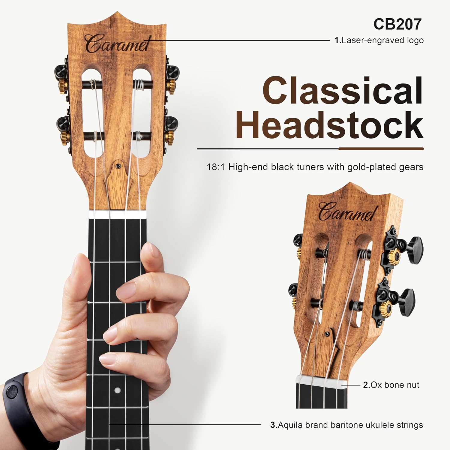 Caramel CB207 Acacia Baritone Acoustic Electric Ukulele with Truss Rod with Additional Strings, Padded Gig Bag, Strap and EQ cable