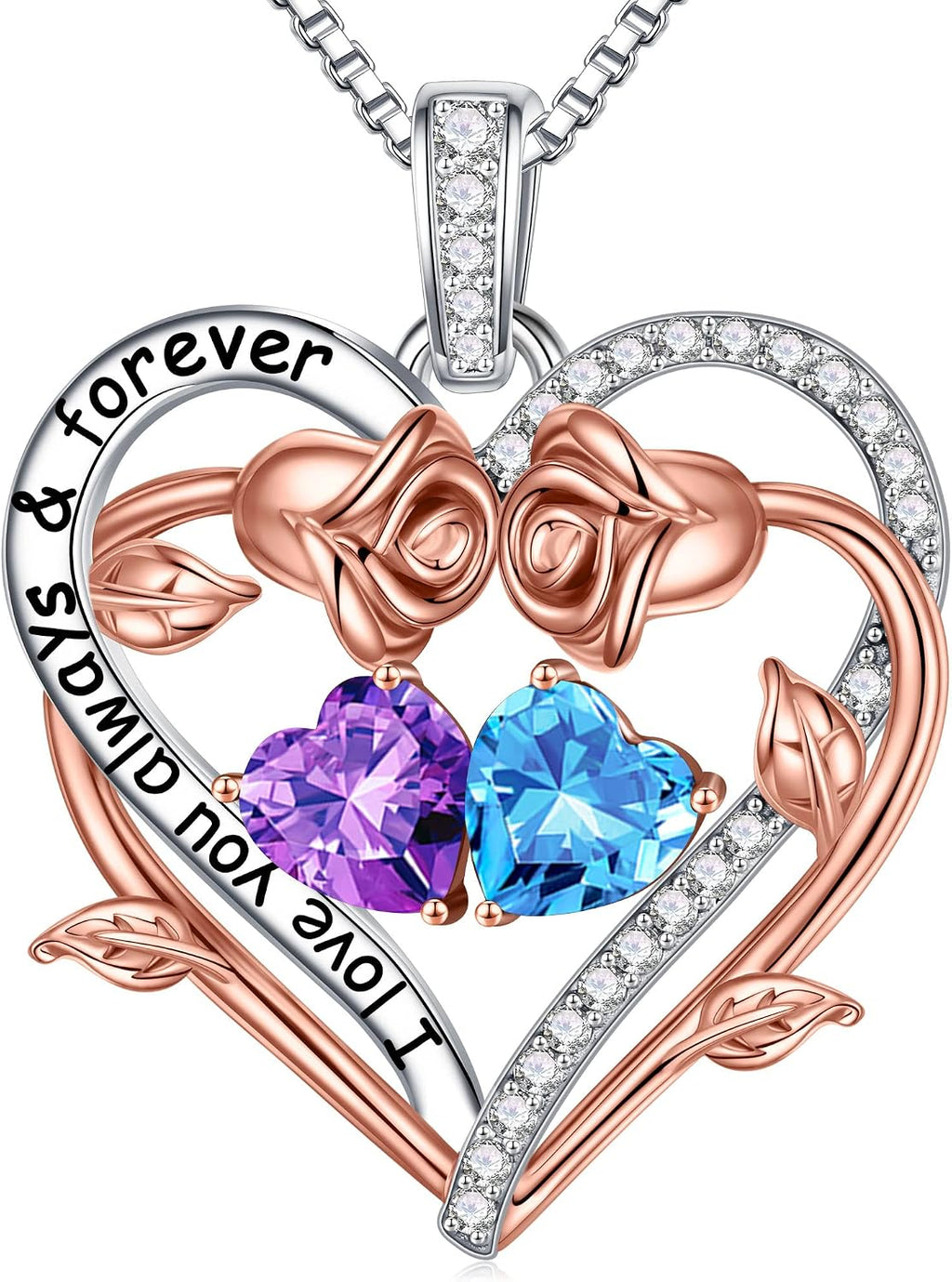 Iefil Rose Heart Double Birthstone Necklace Gifts for Wife Girlfriend Her Women, Birthstone Jewelry Gemstone Birthday Gifts for Mom Grandma Her Wife Women