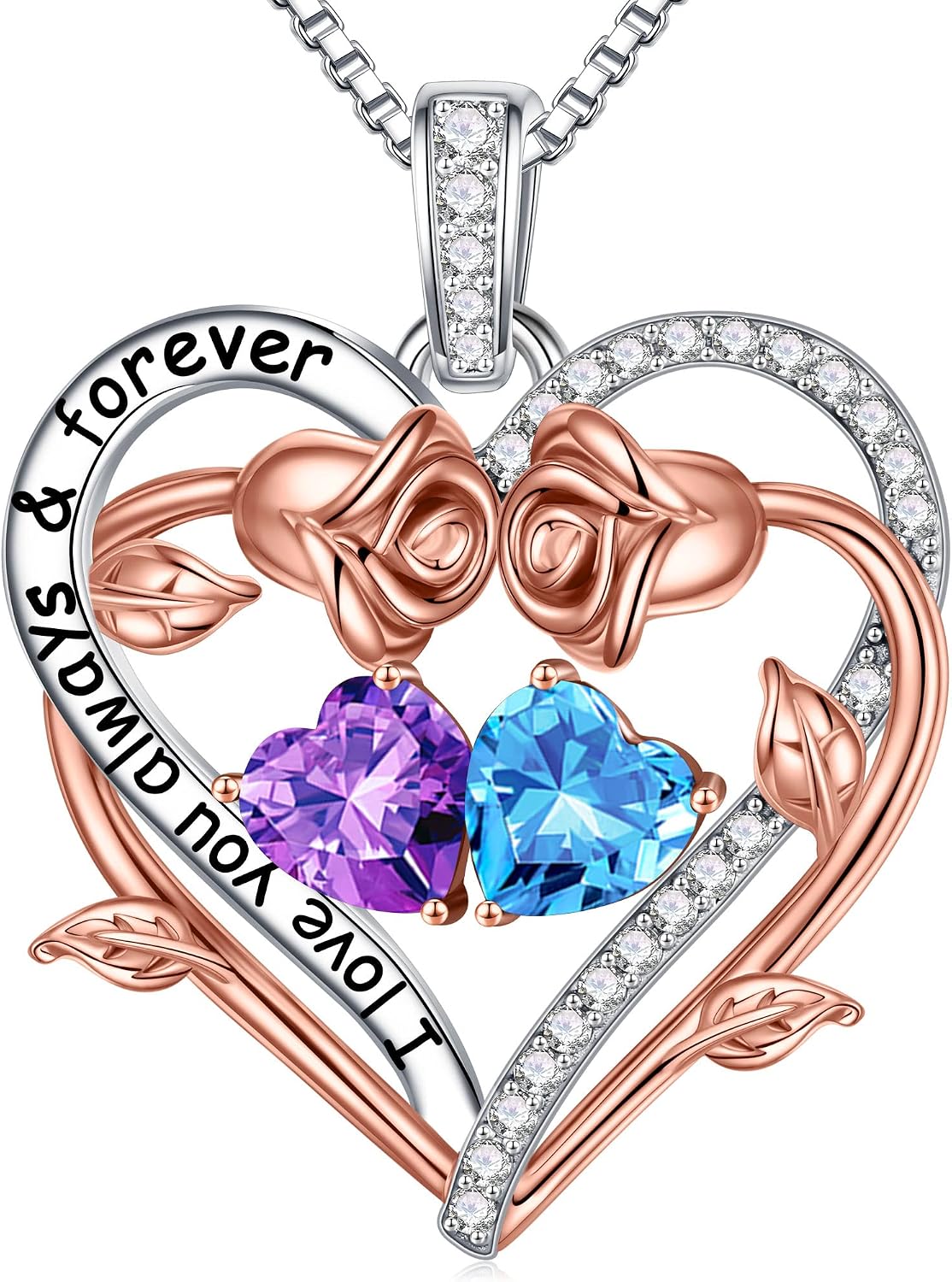 Iefil Rose Heart Double Birthstone Necklace Gifts for Wife Girlfriend Her Women, Birthstone Jewelry Gemstone Birthday Gifts for Mom Grandma Her Wife Women