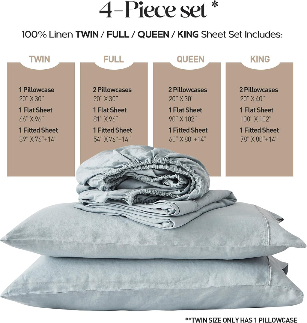 Simple&Opulence 100% Pure Linen Sheet Set Queen Size, Natural French Flax Solid Color 4 Pcs Washed Breathable, Farmhouse Bedding (1 Flat Sheet,1 Fitted Sheet,2 Pillowcases)-Embroidery Dusty Blue