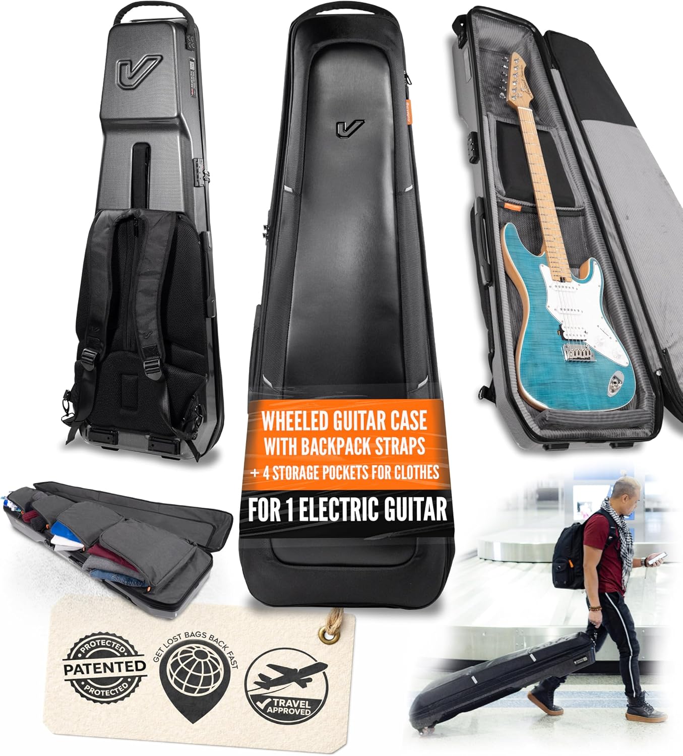 Gruv Gear Electric Guitar Case Hard, Patented Electric Guitar Gig Bag with Adjustable Backpack Straps, Easy Rolling Wheels, Travel Approved, Multiple Pockets for Guitar Accessories, Holds 1 Instrument