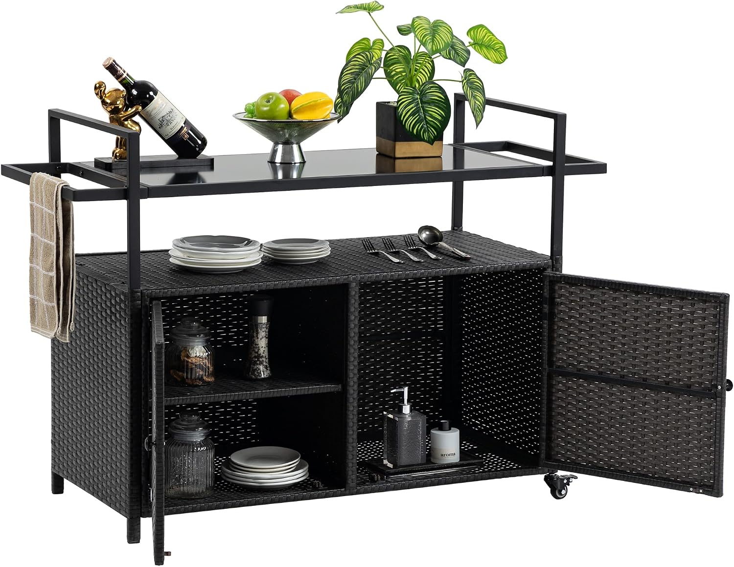 Outdoor Rattan Bar Cart, Rolling Wicker Bar Table with Tempered Glass Tabletop, Patio Wine Beverage Serving Cart with Wheels, Outdoor Storage Table for Porch, Backyard, Garden, Poolside, Black