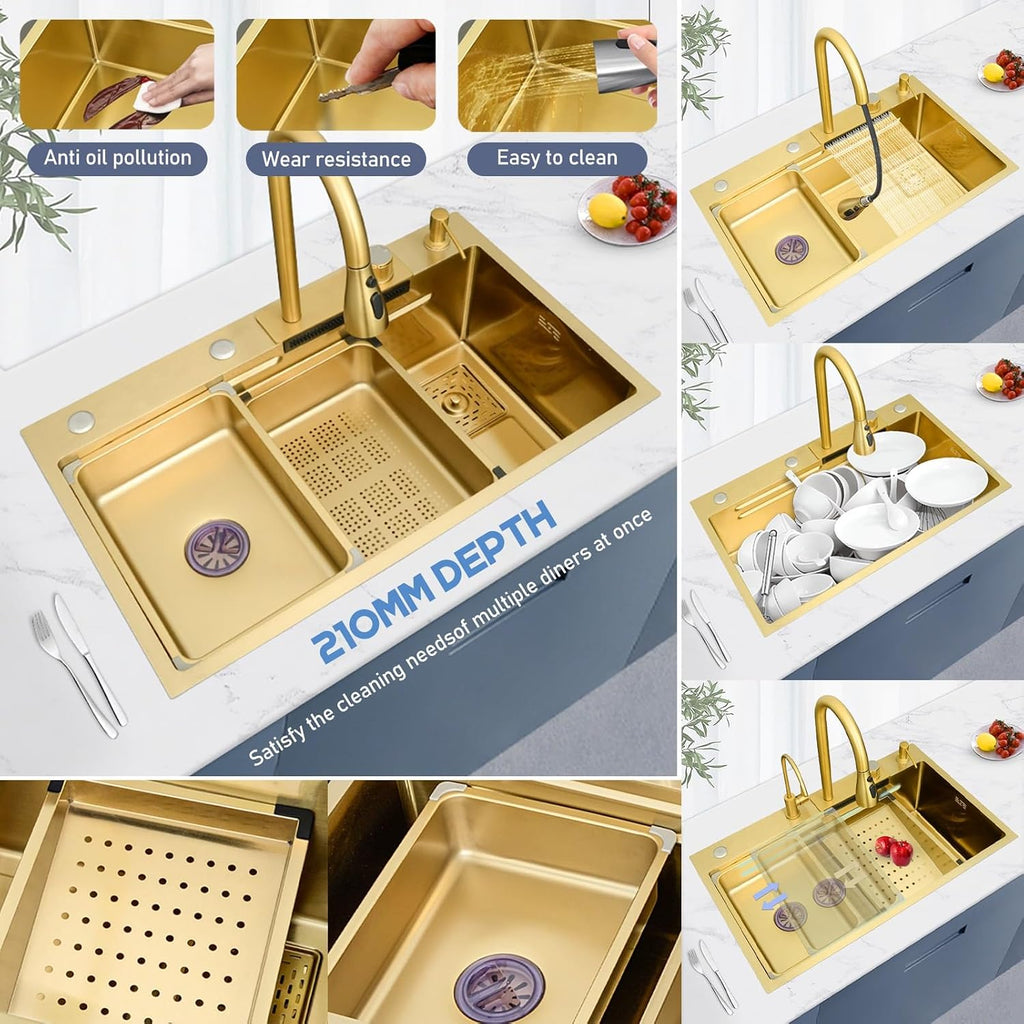 Gold Waterfall Sink - Handmade Multifunctional Kitchen Workstation Sink Ergonomic Single Bowl Dishwashing Sink 75X45X22Cm Elegant Household Design For Modern Kitchens,3434 One Color 75X45X22Cm
