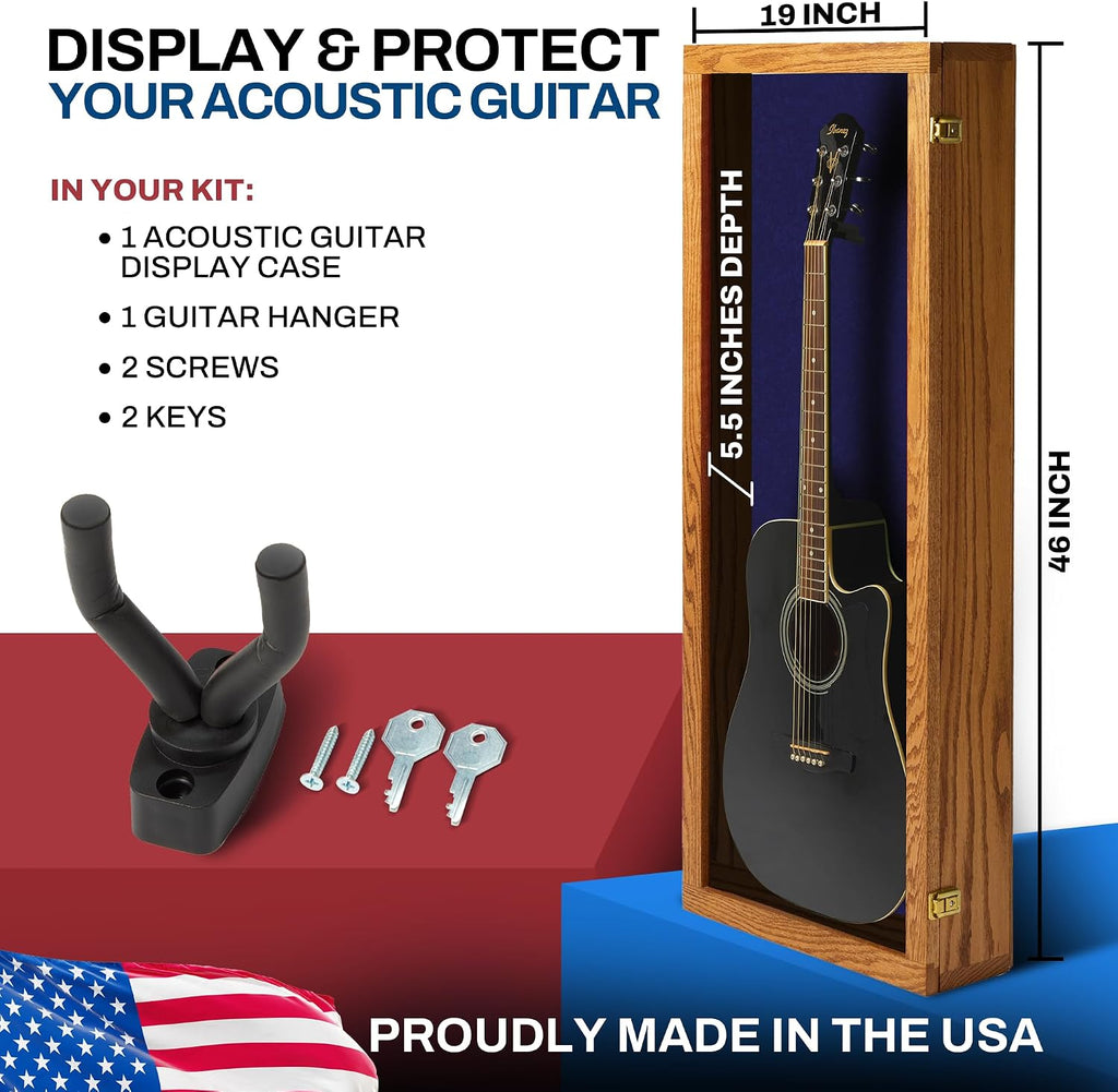PENNZONI Acoustic Guitar Display Case - Acrylic Acoustic Guitar Case - Guitar Display Case Wall Mount, Guitar Wall Case Made from Hardwood Frame & Clear Acrylic | Natrual Oak