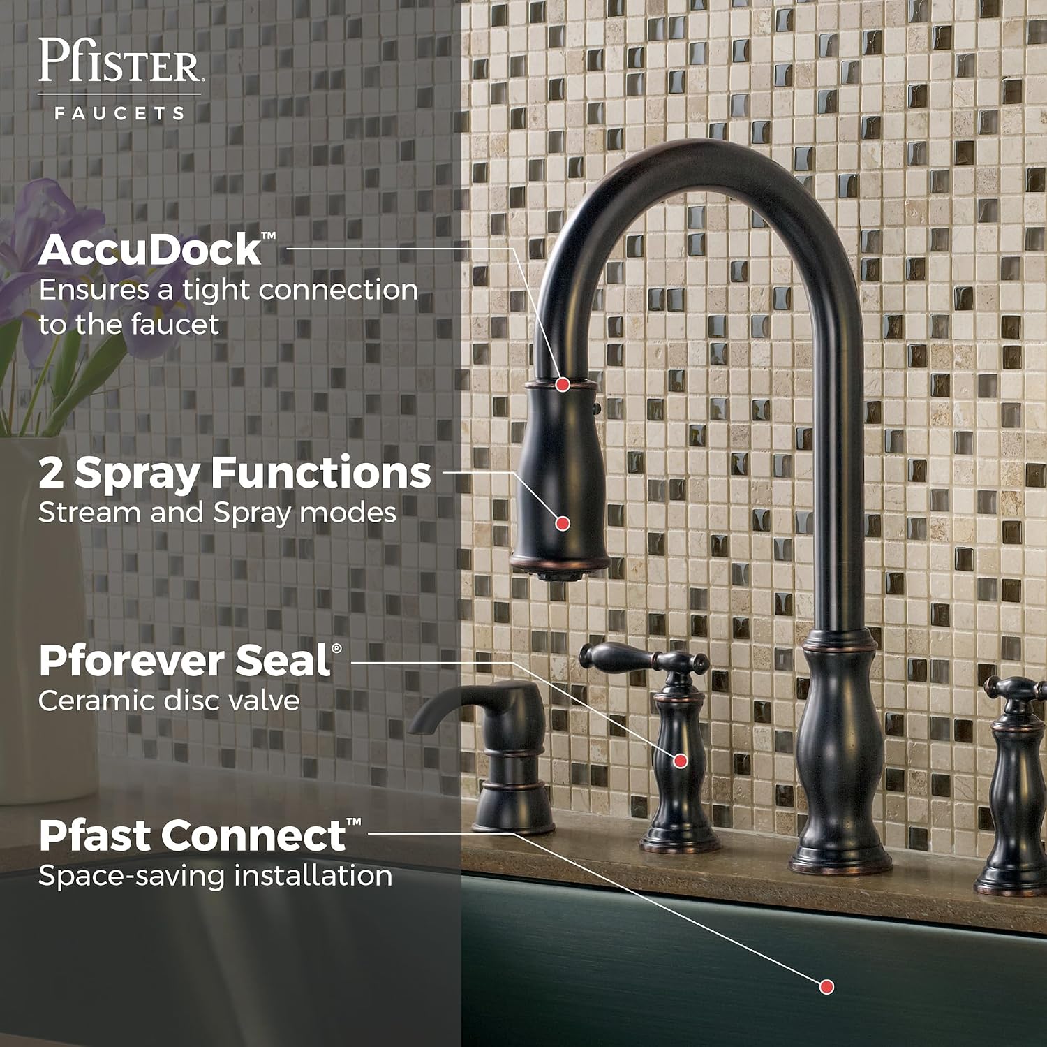 Pfister Hanover Kitchen Sink Faucet with Pull Down Sprayer and Soap Dispenser, 2-Handle High Arc Design, 4-Hole Installation, Tuscan Bronze Finish for Kitchen Sink F5314HNY