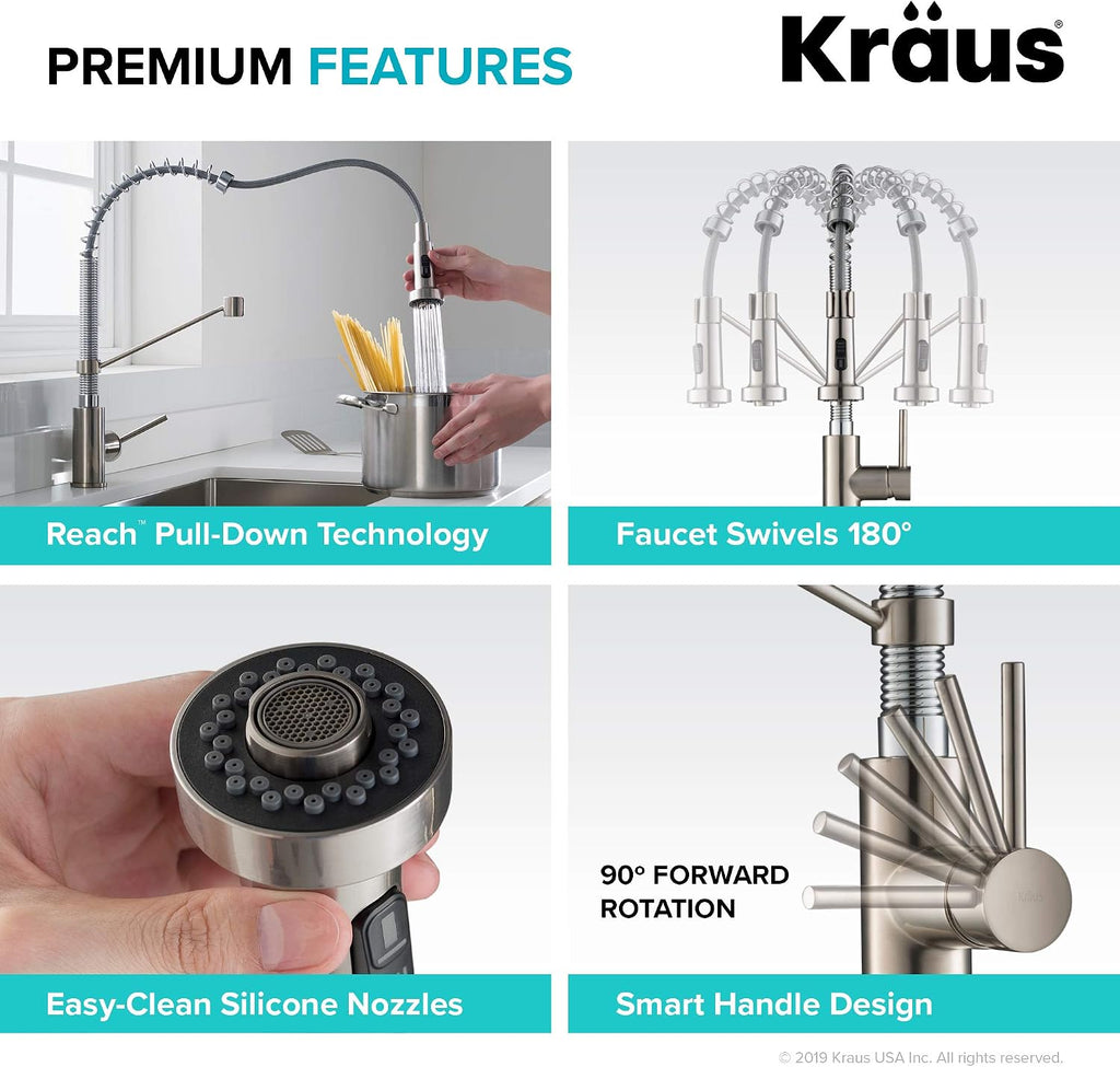 KRAUS Bolden 2-Function Single Handle Pull Down Kitchen Faucet, Commercial Style Stainless Steel/Chrome, KPF-1610SSCH