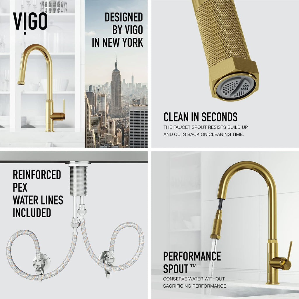 VIGO Hart Arched 18'' H Single Handle Pull-Down Spout Kitchen Faucet in Matte Brushed Gold-VG02035MG