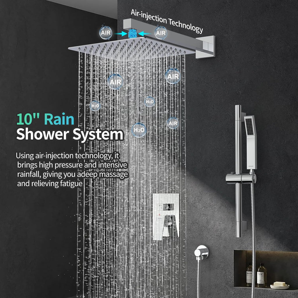 SR SUN RISE 10 Inch Square Shower Faucet, Adjustable 16-Inch Slide Bar Hand Held Shower with Hose, Square Rain Shower Head and Handheld Spray Included Valve and Shower Trim Kit, Polished Chrome