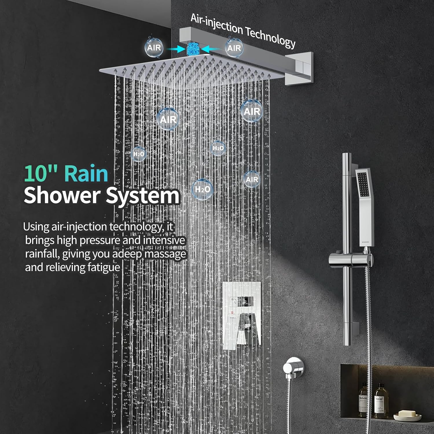 SR SUN RISE 10 Inch Square Shower Faucet, Adjustable 16-Inch Slide Bar Hand Held Shower with Hose, Square Rain Shower Head and Handheld Spray Included Valve and Shower Trim Kit, Polished Chrome