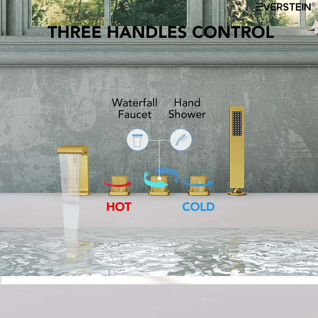 Bathtub Faucet Set with 3 Handle, Deck Mount 5 Hole Roman Waterfall Spout Bath Tub Faucet with Valve, Brushed Gold