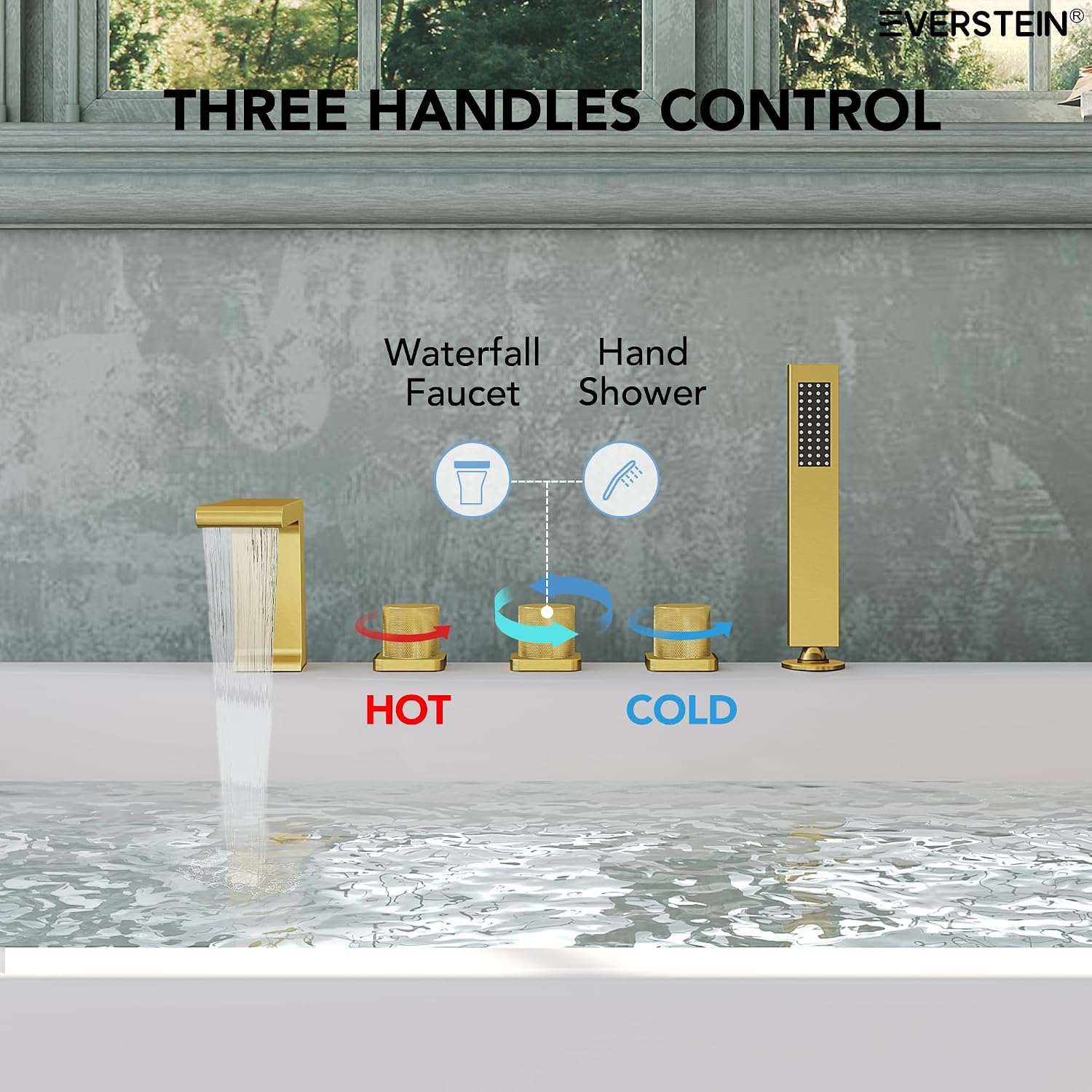 Bathtub Faucet Set with 3 Handle, Deck Mount 5 Hole Roman Waterfall Spout Bath Tub Faucet with Valve, Brushed Gold