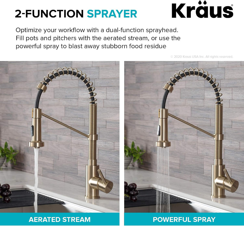 KRAUS Bolden Commercial Style 2-Function Single Handle Pull Down Kitchen Faucet in Spot-Free Antique Champagne Bronze/Matte Black, KPF-1610SFACBMB