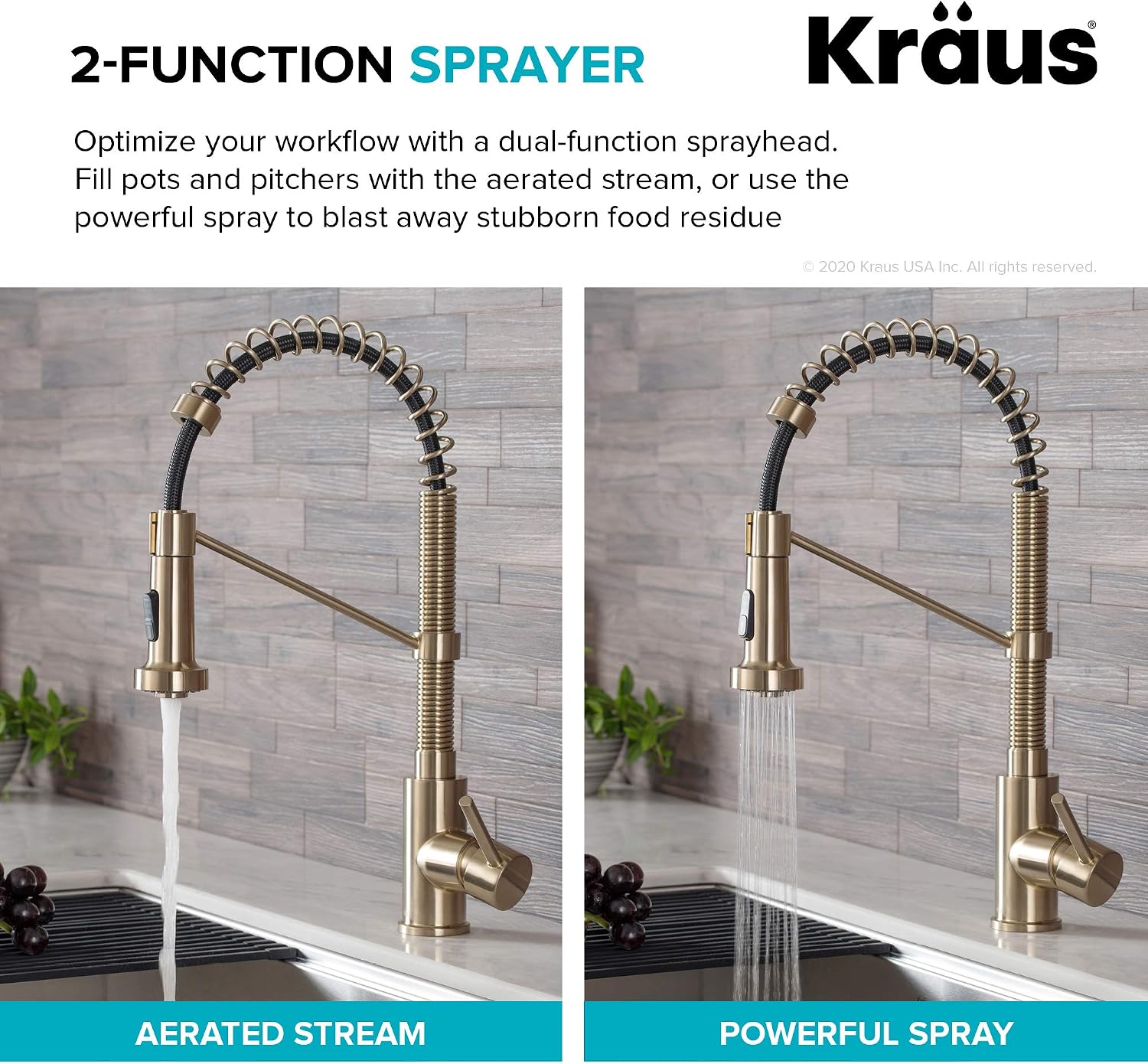 KRAUS Bolden Commercial Style 2-Function Single Handle Pull Down Kitchen Faucet in Spot-Free Antique Champagne Bronze/Matte Black, KPF-1610SFACBMB