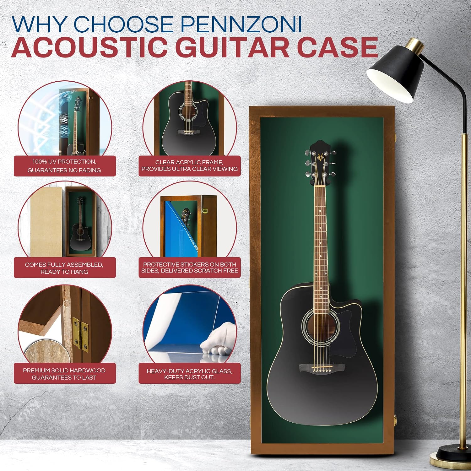 PENNZONI Acoustic Guitar Display Case - Acrylic Acoustic Guitar Case - Guitar Display Case Wall Mount Made from Hardwood Frame & Clear Acrylic - Walnut w/Felt Green