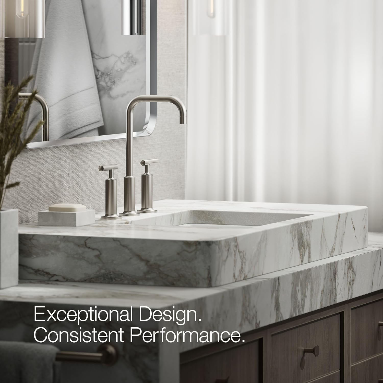 KOHLER K-14408-4-BN Purist® Widespread Bathroom Sink Faucet, 3-Hole, Widespread High Lever Handles and High Gooseneck Spout, 1.2 GPM, Vibrant Brushed Nickel