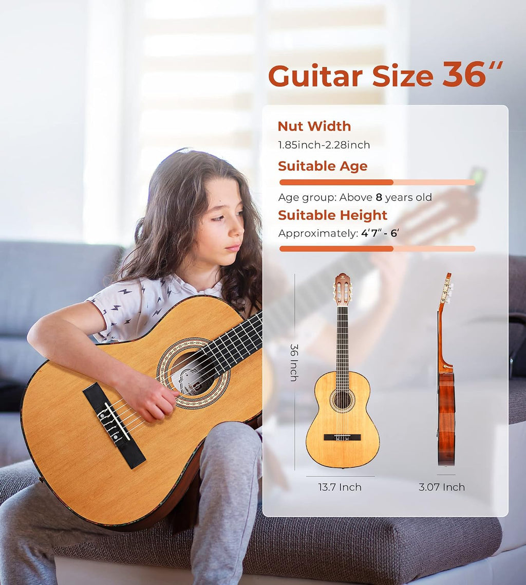 Vangoa Classical Guitar 3/4 Inch Acoustic Classical Guitar, 36 Inch Junior Size Nylon String Guitar Bundle Kit for Beginner Teens, Cedar Top