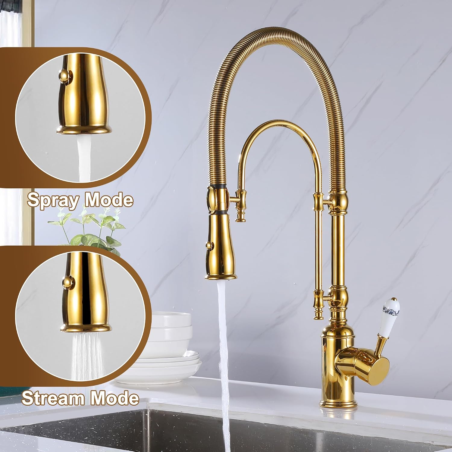 Classical High Arc Single Handle Spring Kitchen Faucet with Pull Down Spray, Swiveling Commercial Single Handle Kitchen Sink Faucets for Farmhouse, Gold