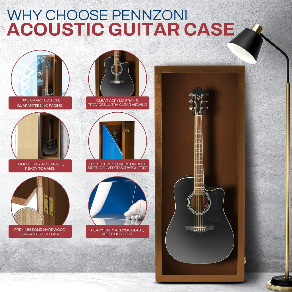 PENNZONI Acoustic Guitar Display Case - Acrylic Acoustic Guitar Case - Guitar Display Case Wall Mount Made from Hardwood Frame & Clear Acrylic - Walnut w/No Felt