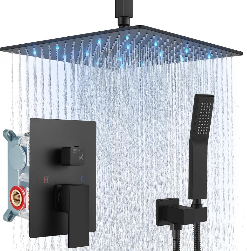 Aolemi Ceiling Mount Shower Faucet Set with Handheld Spray High Pressure Shower Faucets Sets Complete Rough-in Valve and Shower Trim Kit System Included Rainfall Matte Black 16 Inch LED Shower Head