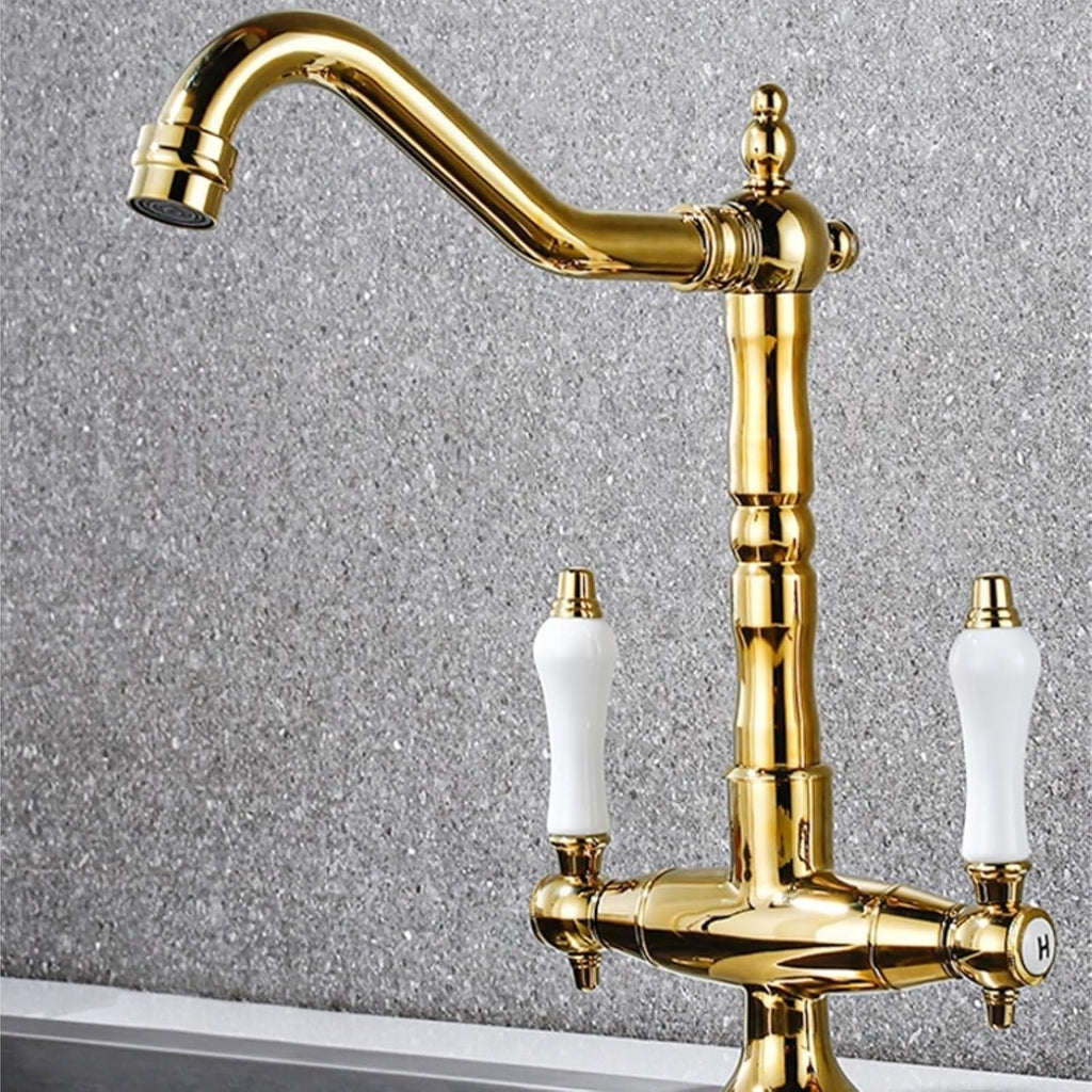 All Copper Retro European Kitchen Faucet Double Handle Hot and Cold Rotating Faucet(Gold)