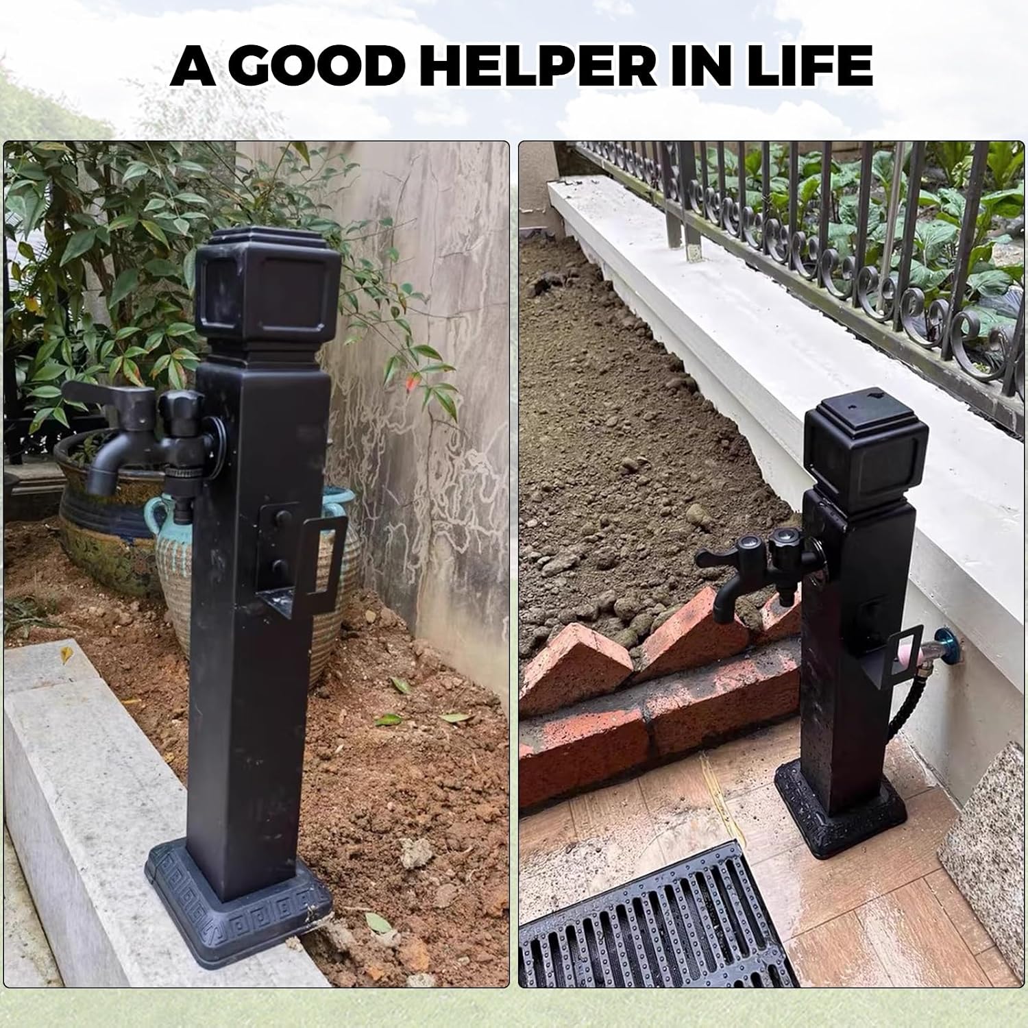 Garden Water Column Outdoor Post Faucet 304 Stainless Steel Vertical Square Water Dispenser Column with Floor Mounted Hydrant Water Tap Black