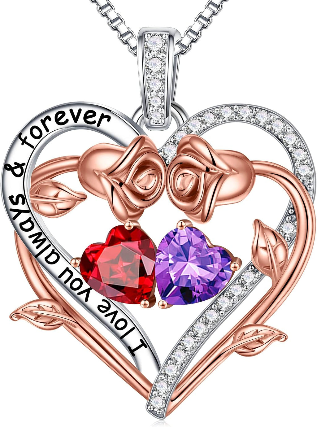Iefil Rose Heart Double Birthstone Necklace Gifts for Wife Girlfriend Her Women, Birthstone Jewelry Gemstone Birthday Gifts for Mom Grandma Her Wife Women
