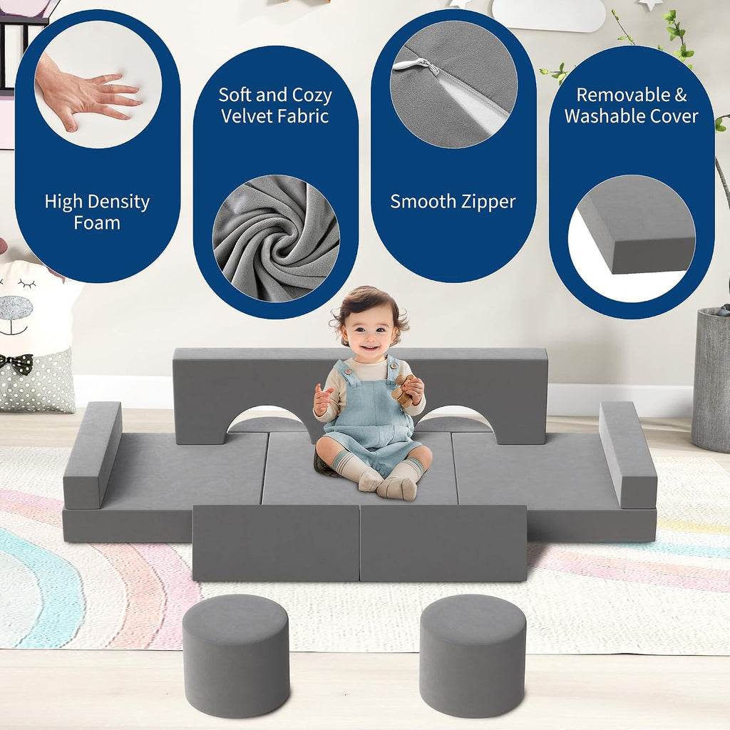 Kids Modular Play Couch, 13 Pcs Toddler Couch With Washable Velvet Covers, Building Fort Toddler Sofa Set, Convertible Foam Floor Chair for Playroom, Living Room