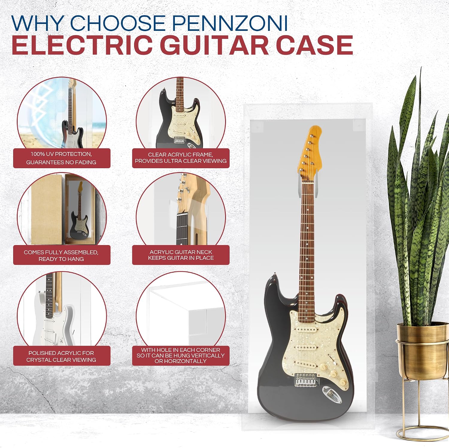 PENNZONI Electric Guitar Display Case - Fully Acrylic Electric Guitar Case With Mirror Back - Horizontal Guitar Display Case Wall Mount, Guitar Wall Case Made from Clear Acrylic