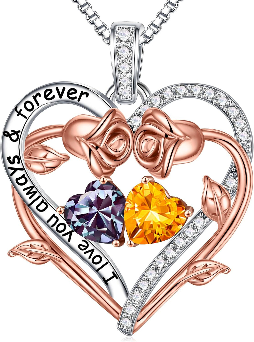 Iefil Rose Heart Double Birthstone Necklace Gifts for Wife Girlfriend Her Women, Birthstone Jewelry Gemstone Birthday Gifts for Mom Grandma Her Wife Women