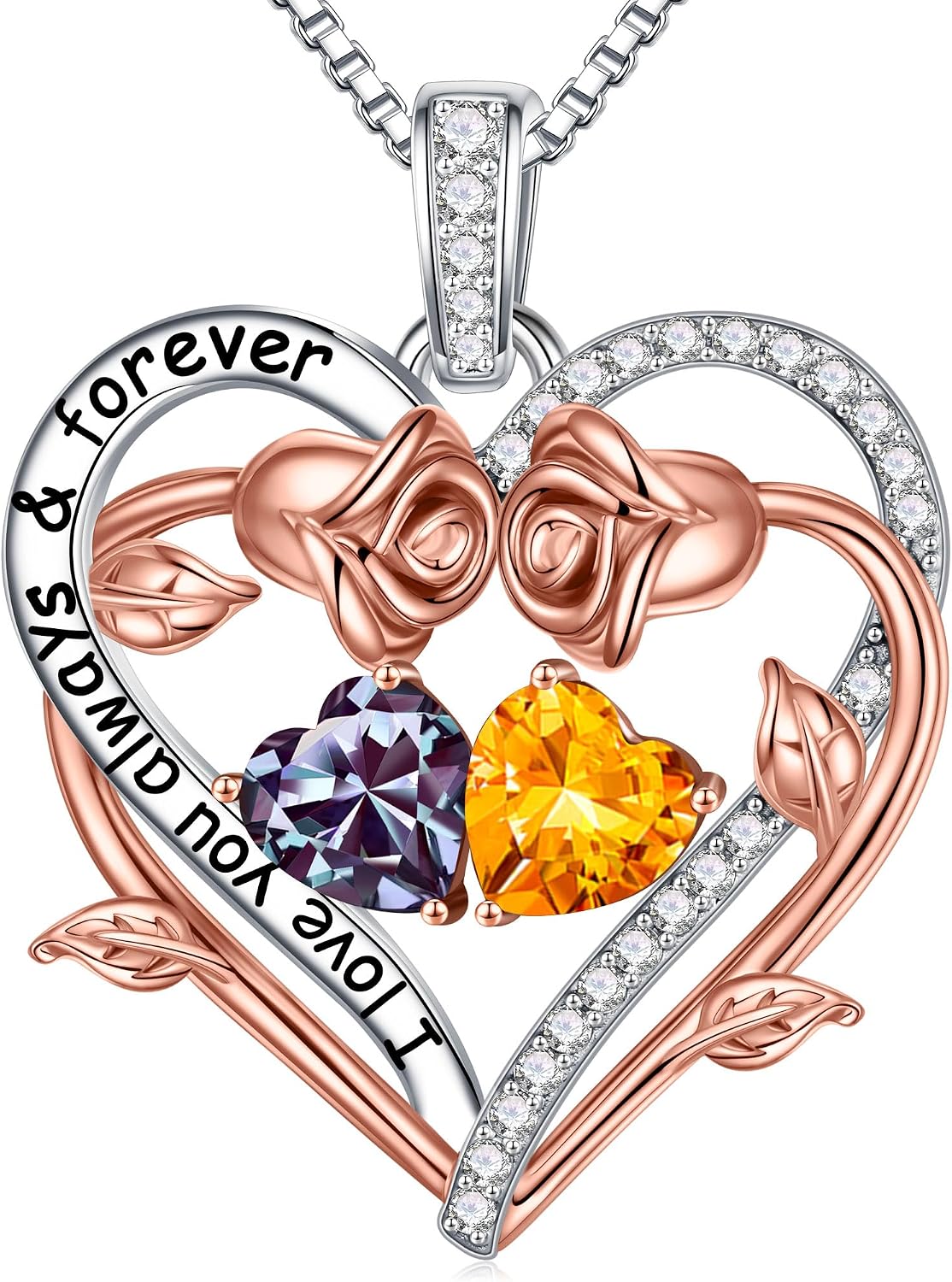 Iefil Rose Heart Double Birthstone Necklace Gifts for Wife Girlfriend Her Women, Birthstone Jewelry Gemstone Birthday Gifts for Mom Grandma Her Wife Women