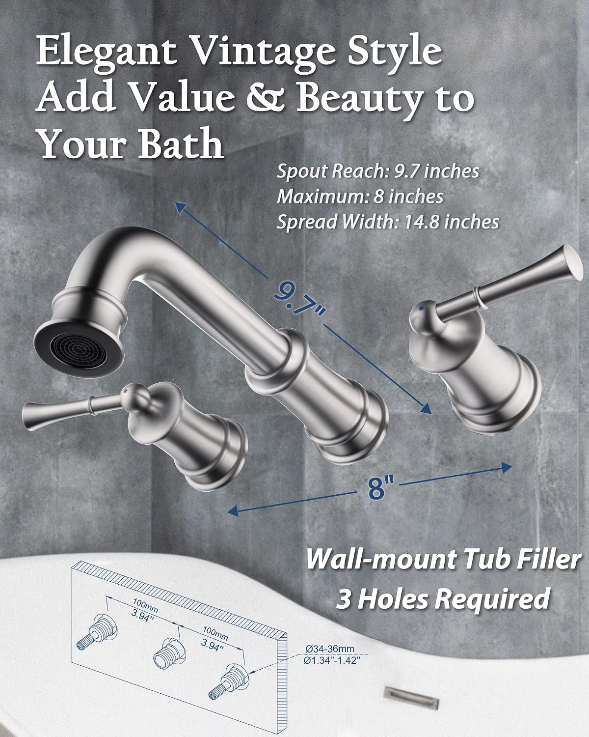 Wall Mount Tub Filler with Rough-in Valve, High Flow Brass Roman Tub Faucet 2 Handle Wall Mounted Bathtub Faucet 360° Swivel Spout, Brushed Nickel(B2306-BN)