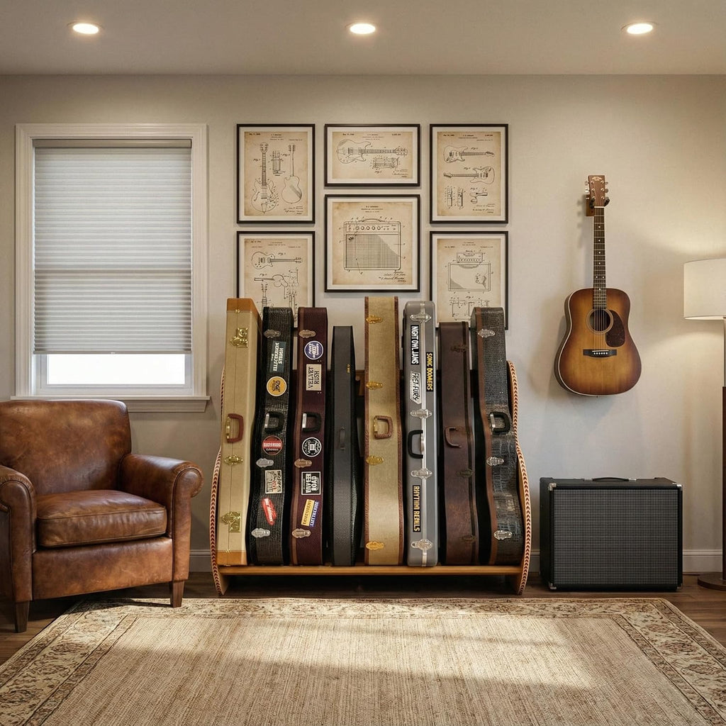A&S Crafted Products Guitar Case Rack for Acoustics & Electrics - The Studio Deluxe (Grande) | Red Oak | Made in U.S.A.