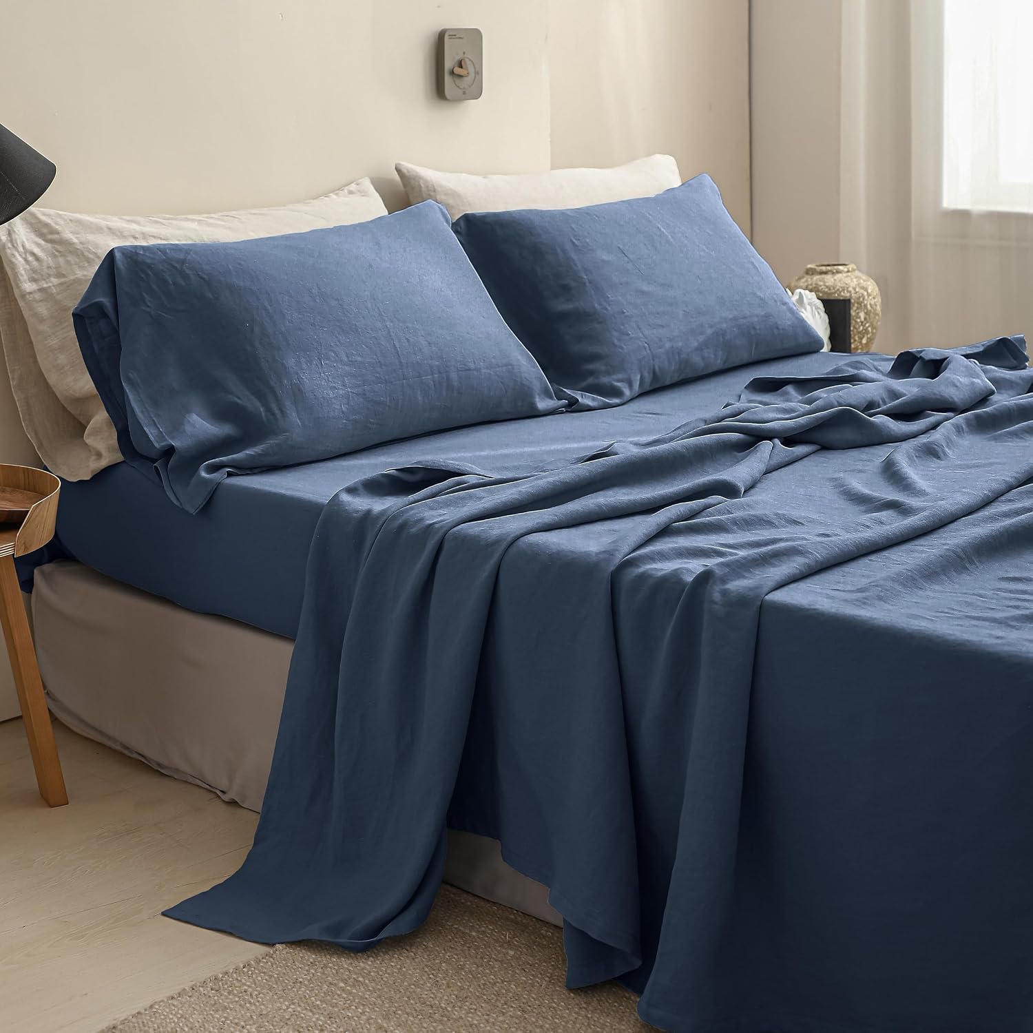Simple&Opulence 100% Linen Sheets California King Size Set, 4 Pcs Natural French Linen Bed Sheets, Breathable Soft Durable Bedding Set for All Season (Classic Blue, California King)