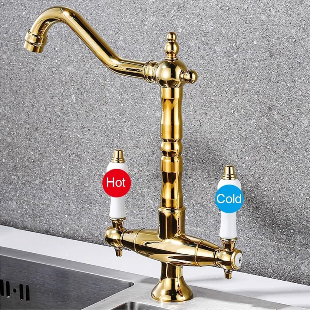 All Copper Retro European Kitchen Faucet Double Handle Hot and Cold Rotating Faucet(Gold)