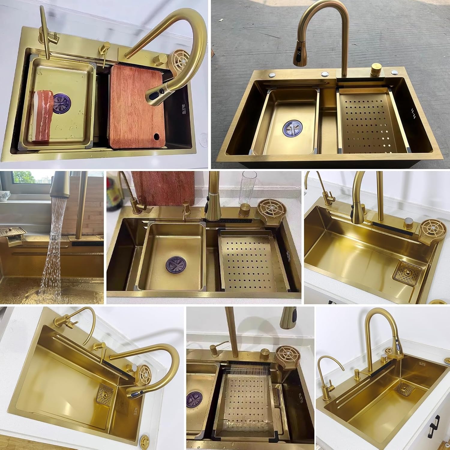 Gold Waterfall Sink - Handmade Multifunctional Kitchen Workstation Sink Ergonomic Single Bowl Dishwashing Sink 75X45X22Cm Elegant Household Design For Modern Kitchens,3434 One Color 75X45X22Cm