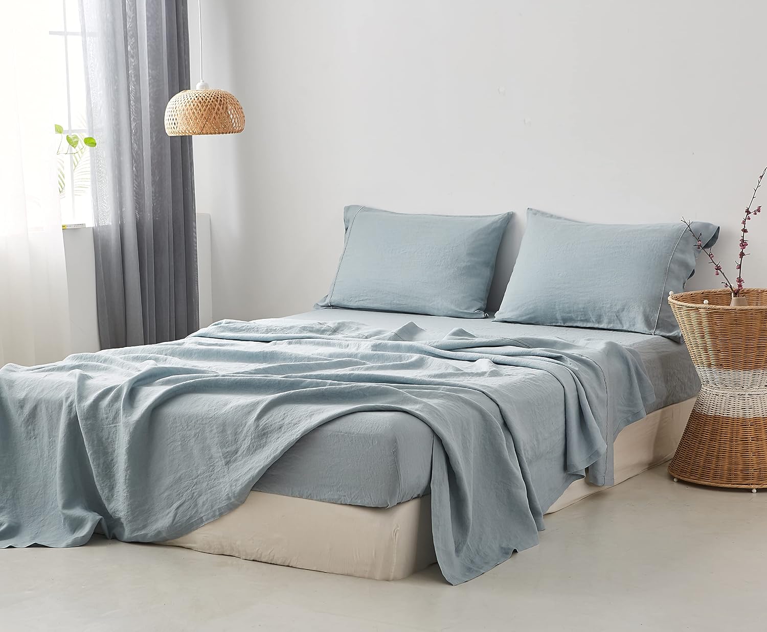 Simple&Opulence 100% Pure Linen Sheet Set Queen Size, Natural French Flax Solid Color 4 Pcs Washed Breathable, Farmhouse Bedding (1 Flat Sheet,1 Fitted Sheet,2 Pillowcases)-Embroidery Dusty Blue