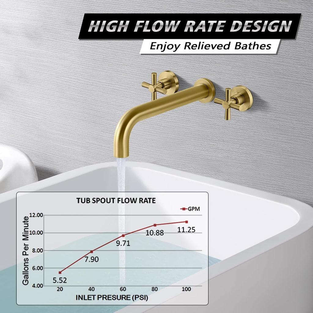 SUMERAIN Tub Faucet Wall Mount Tub Filler High Flow Bathtub Faucet Brushed Gold with Rough in Valve, Two Cross Handles