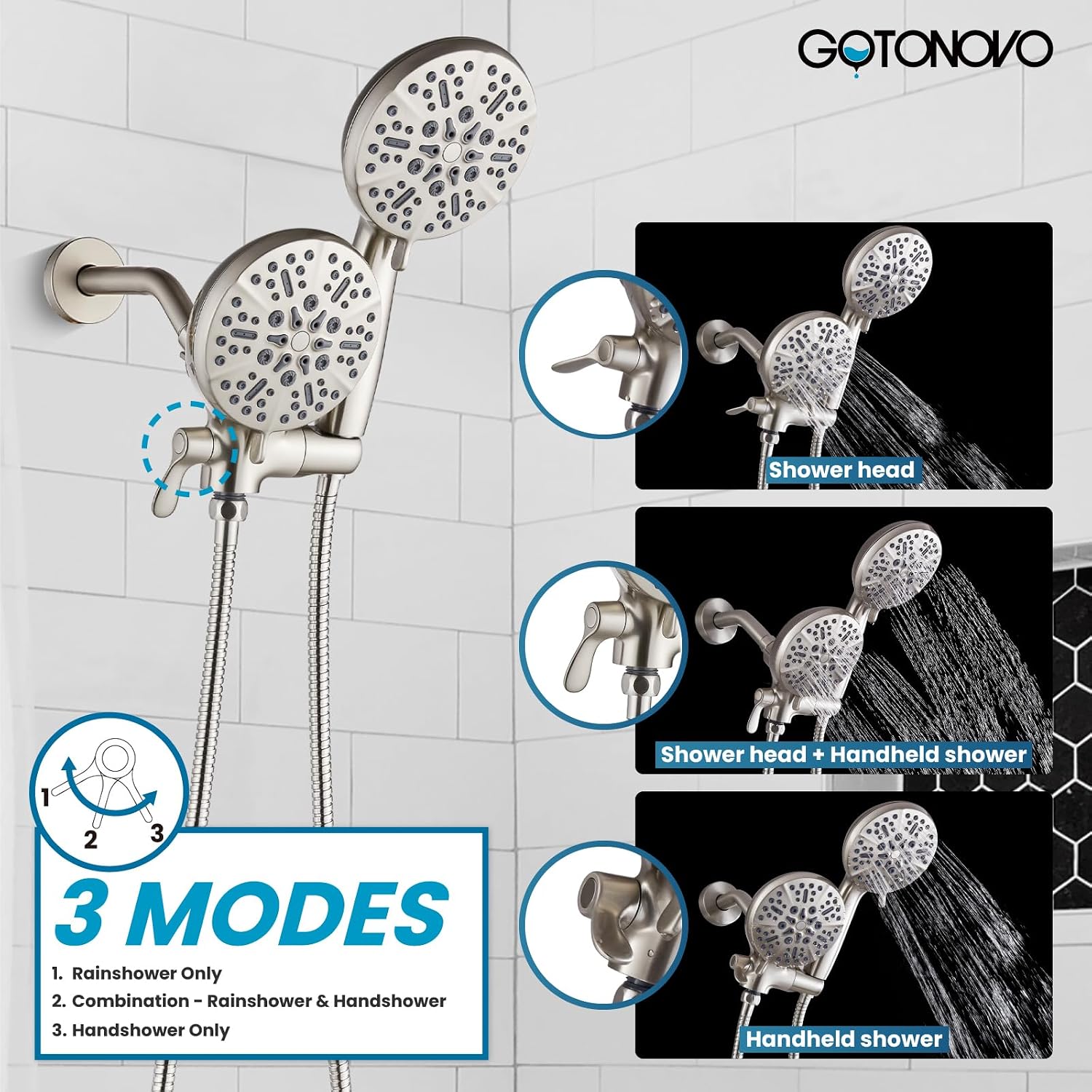 gotonovo Tub Shower Faucet Set,2 in 1 Dual Shower Head and Handle Set with Tub Spout Wall Mount Bathroom Shower Trim Kit with 3-way Water Diverter Valve Included Various Modes Brushed Nickel