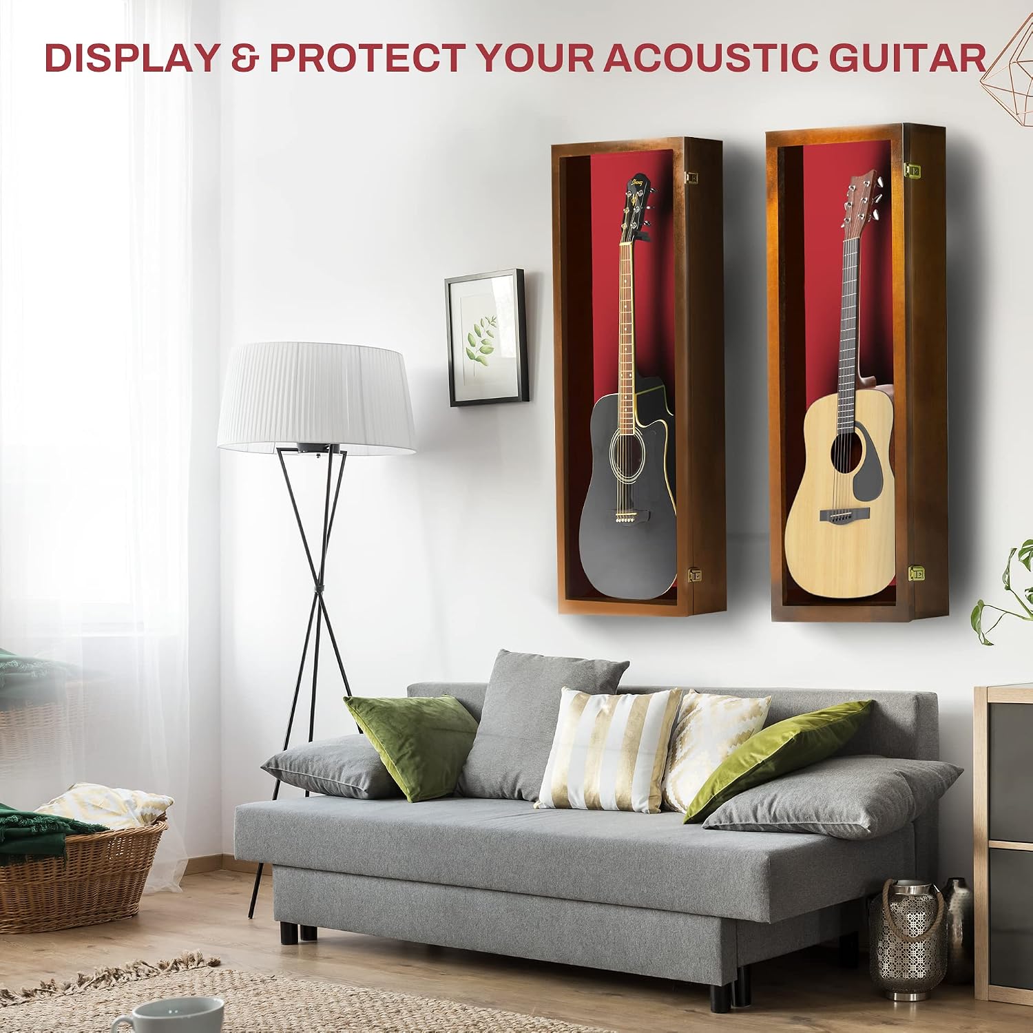 PENNZONI Acoustic Guitar Display Case - Acrylic Acoustic Guitar Case - Guitar Display Case Wall Mount Made from Hardwood Frame & Clear Acrylic - Walnut w/Red Felt