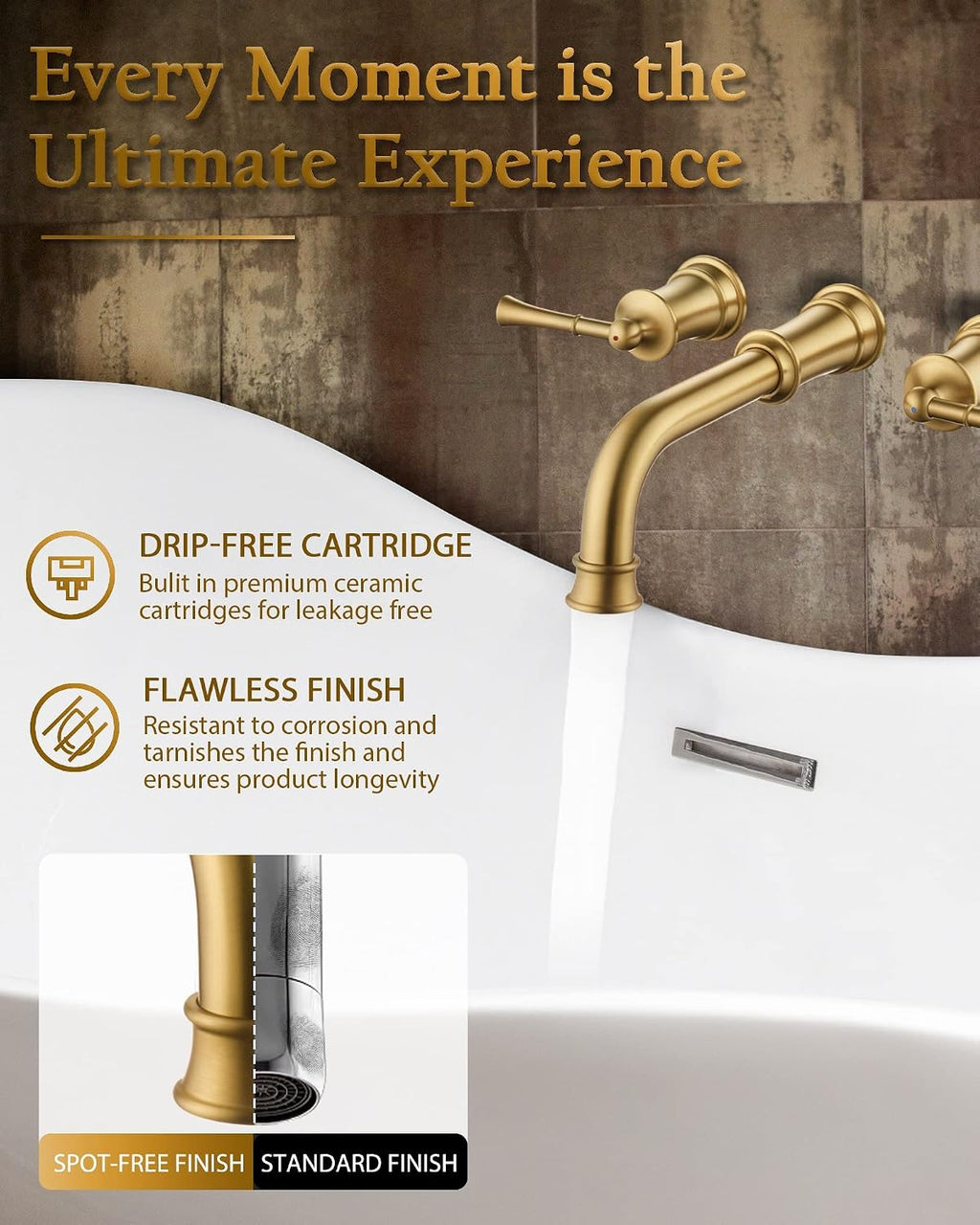 High Flow Wall Mount Tub Filler with Rough-in Valve, Wall Mount Tub Faucet, Brass Roman Bathtub Faucet 2 Handle with 360° Swivel Spout, Brushed Gold(B2306-BG)