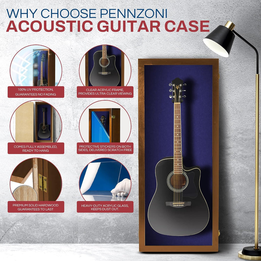 PENNZONI Acoustic Guitar Display Case - Acrylic Acoustic Guitar Case - Guitar Display Case Wall Mount Made from Hardwood Frame & Clear Acrylic - Walnut w/Felt Blue
