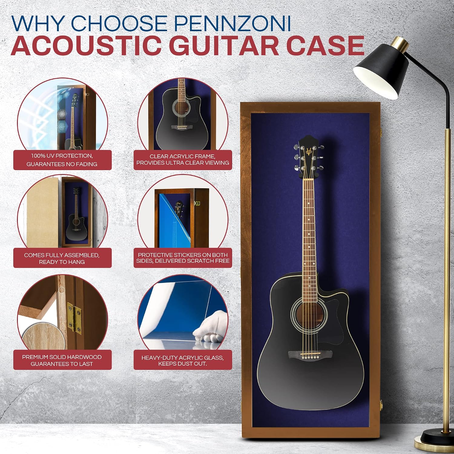 PENNZONI Acoustic Guitar Display Case - Acrylic Acoustic Guitar Case - Guitar Display Case Wall Mount Made from Hardwood Frame & Clear Acrylic - Walnut w/Felt Blue
