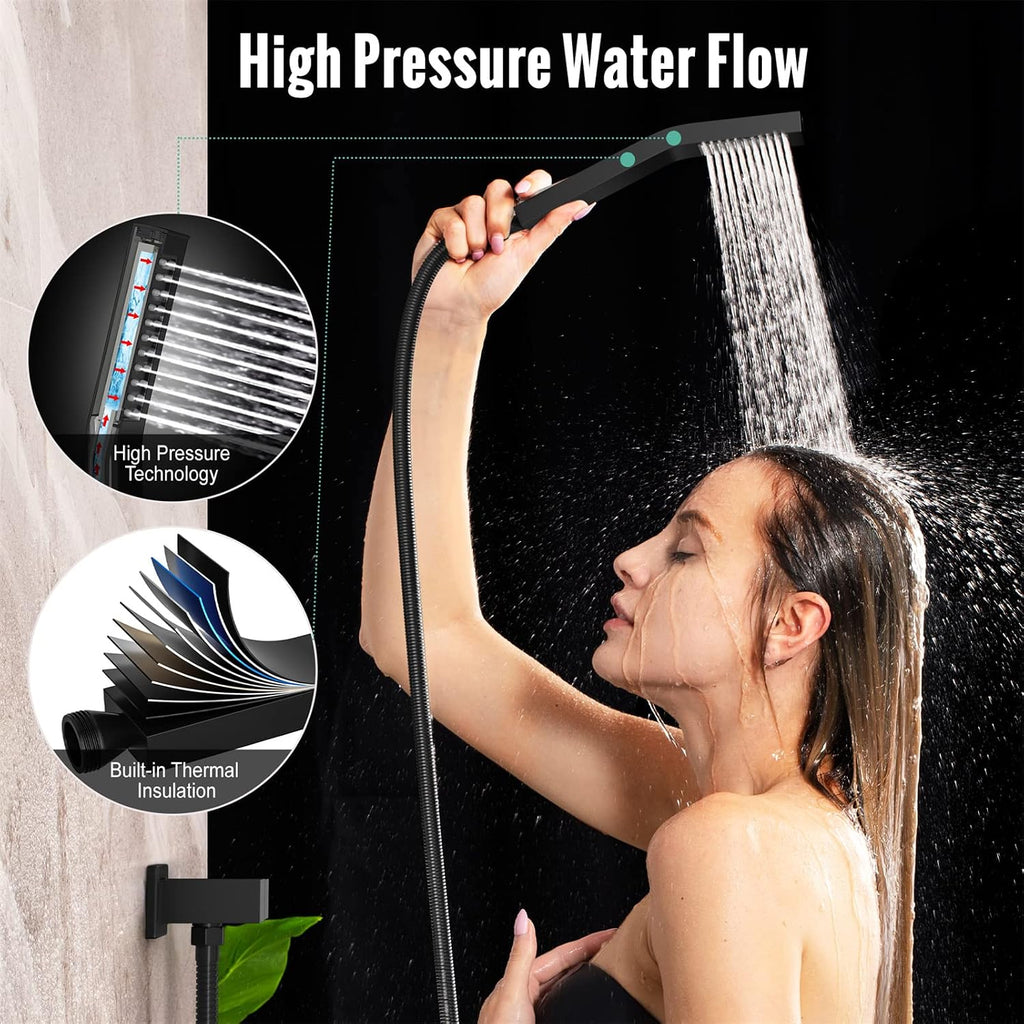 Waist Massage Spray Shower System with 6 Body Jets and Tub Spout, 16'' Full Body Bathtub Shower System with Shower Jet, Wall Mounted Rain Shower and Handheld Shower Faucet Set Complete, Matte Black